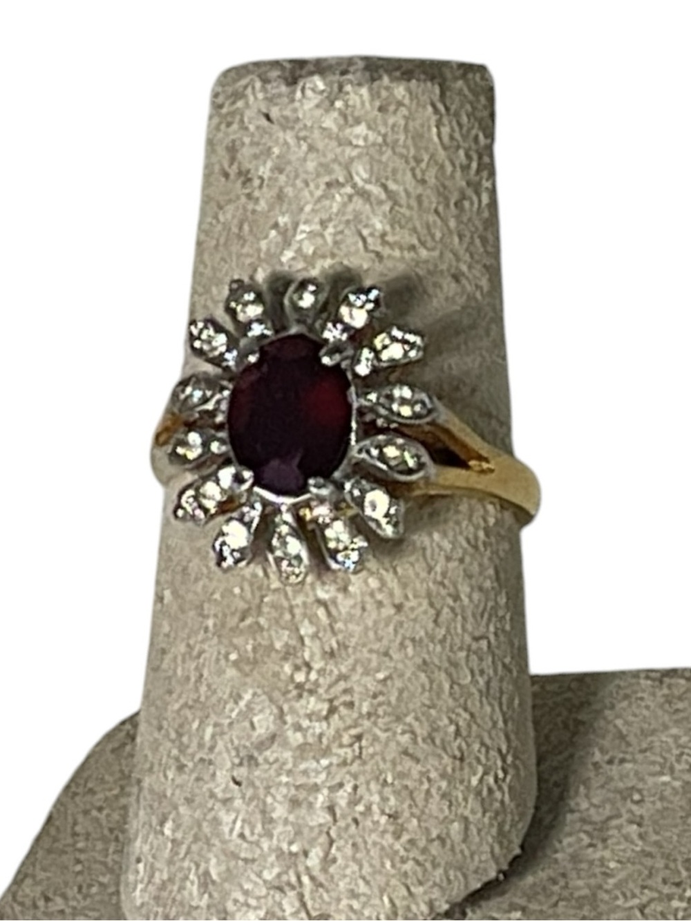 Vintage Ruby-Red & CZ Sunburst Ring (18KT HGE) Size 7